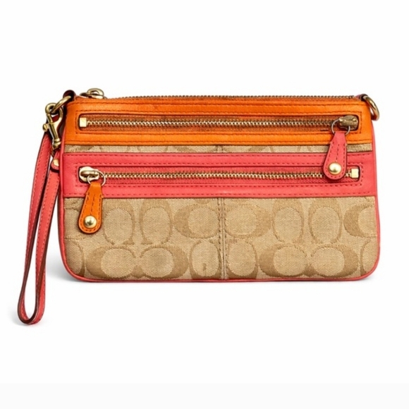 Coach Handbags - Coach Triple Zip Orange And Coral Wristlet, EUC